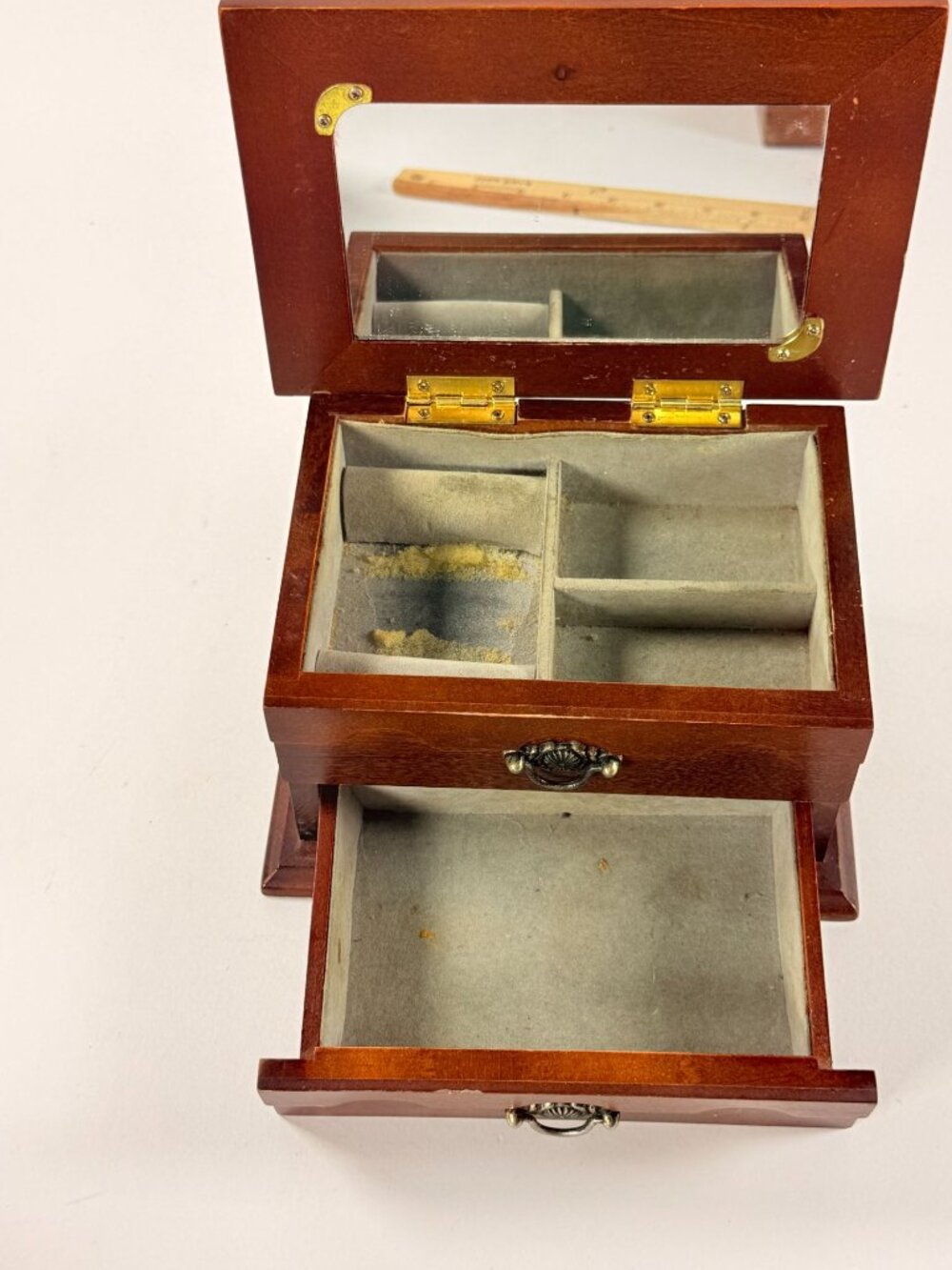 Vintage Wooden Jewelry Box With Floral Fabric Top Mirror Drawers & Hinged